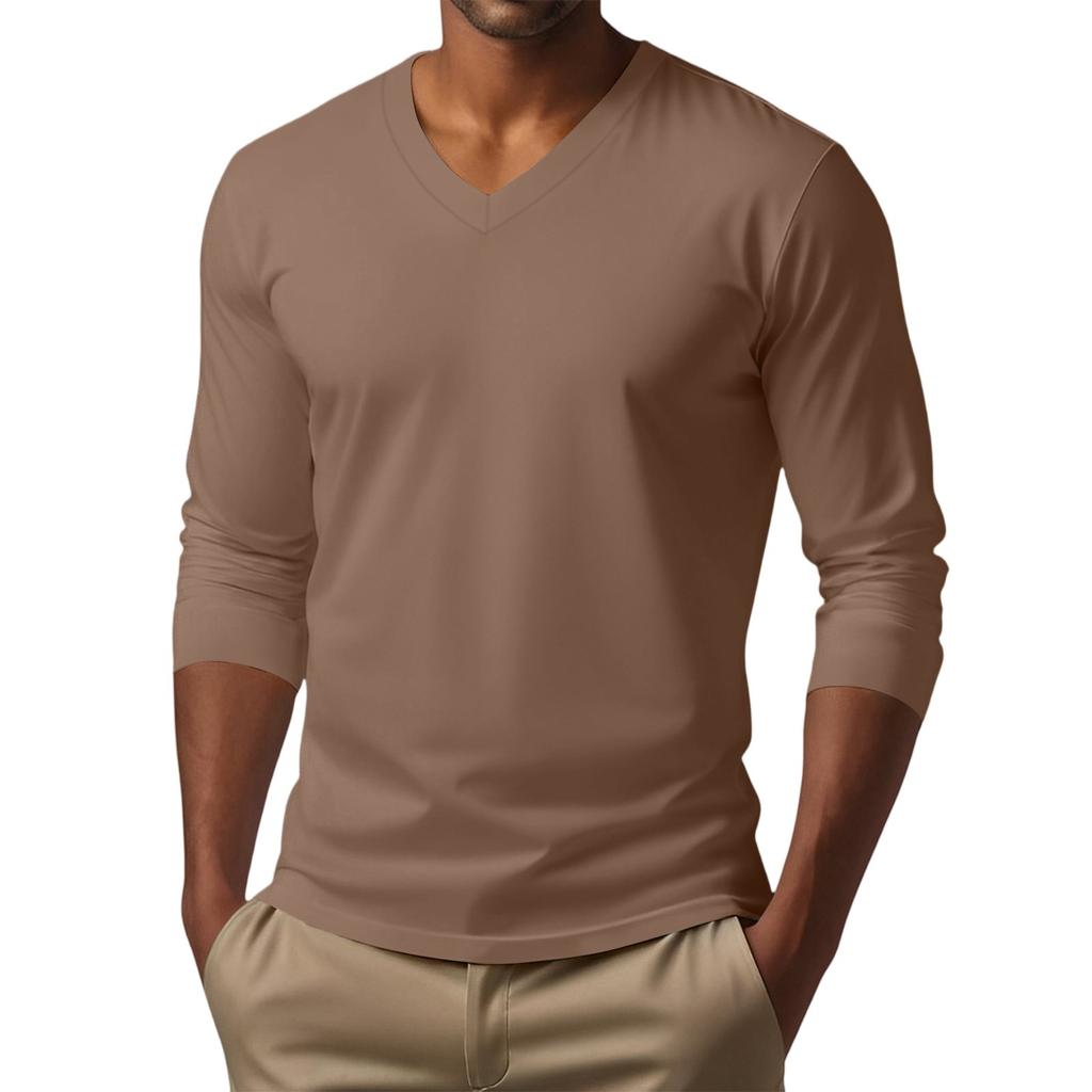Men's V-neck Casual Solid Color Long-sleeved T-shirt Top