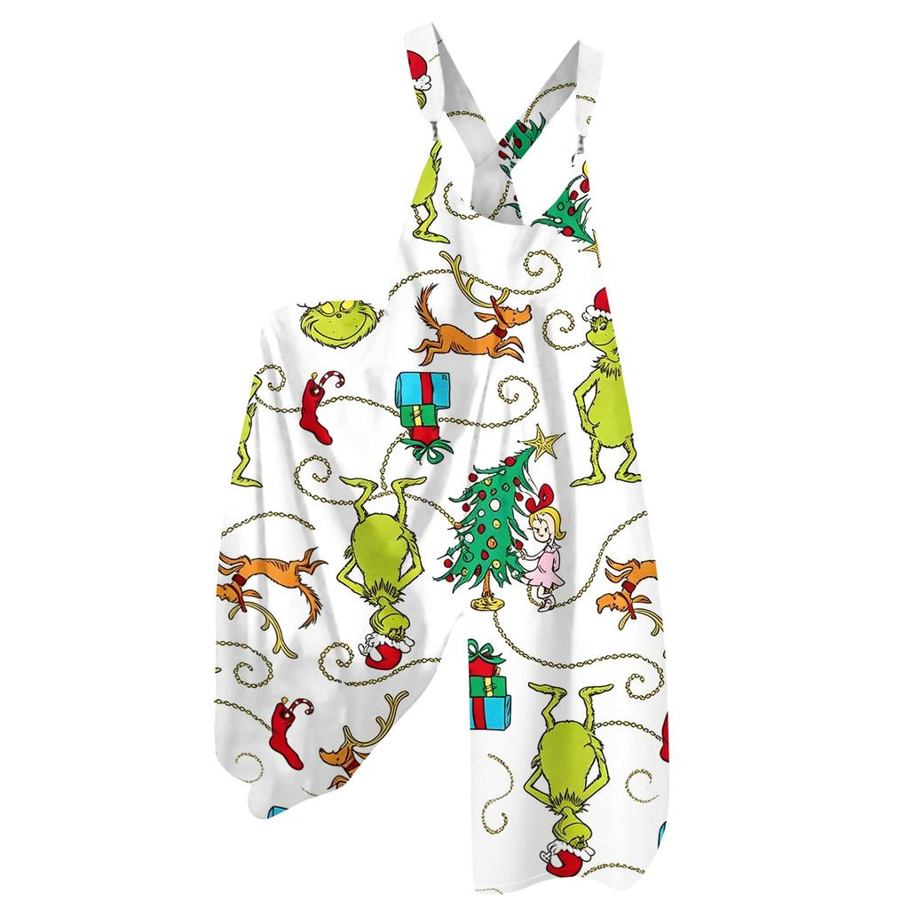 Women's Retro Casual Overalls with Novelty Print and Non-Adjustable Shoulder Straps