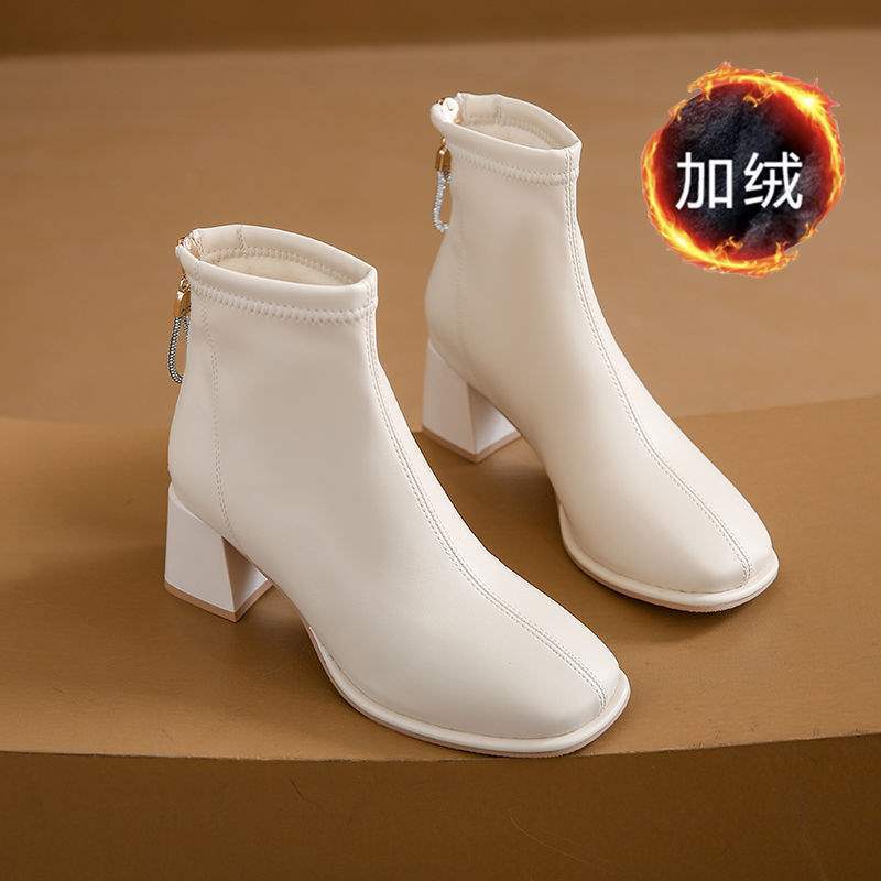 Hohe kleine Stiefeletten Damen Herbst Vierjahreszeiten Einzelstiefel Samt Dünne Stiefel Weiß Dicke Absätze Koreanische Kleine Knöchelhohe Stiefel