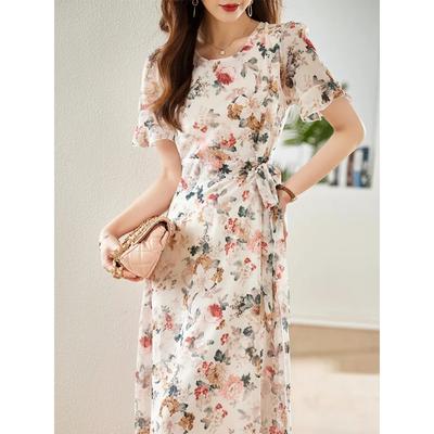 Women's Floral Print Wrap Midi Dress With Ruffle Sleeves Elegant Summer Dress
