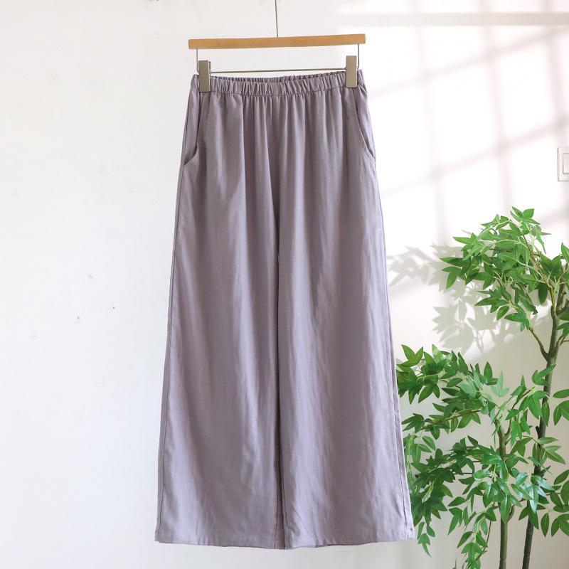 Women's Pure Cotton Gauze Pajama Set - Spring/Summer, Long Sleeve, Nine-Point Pants, Loose Fit, Japanese Style, Solid Color.