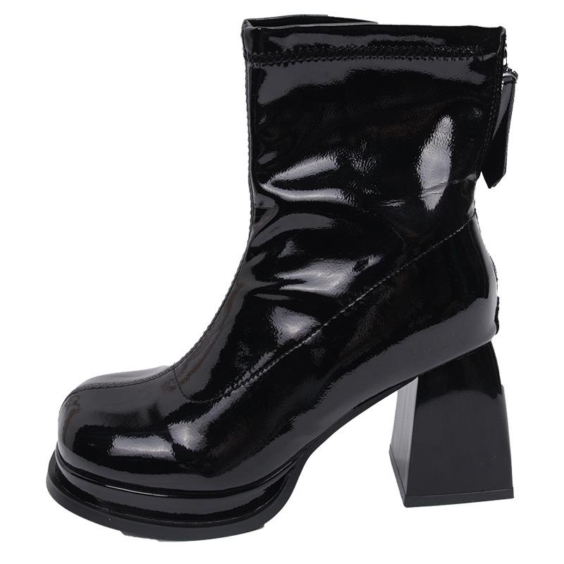 

Британские модные ботинки на грубом каблуке, женские, осень 2024, новые темпераментные ботинки с молнией сзади, эластичные ботинки, французские узкие короткие ботинки на высоком каблуке 35 чёрный