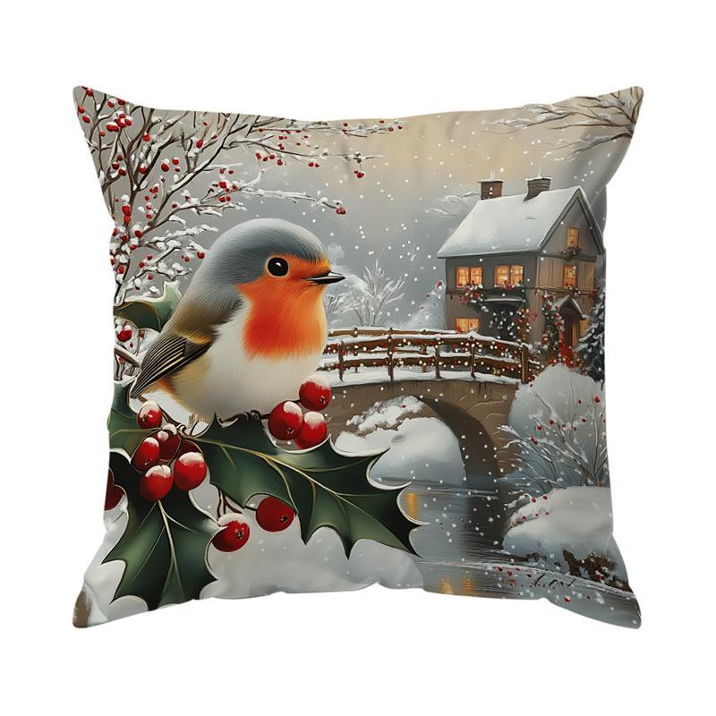 Short Plush Material Pillowcasehome Decor Christmas Scenes: Santa, Deer, Bird, Snowman Pattern Cushion Cover Suitable For Sofa B