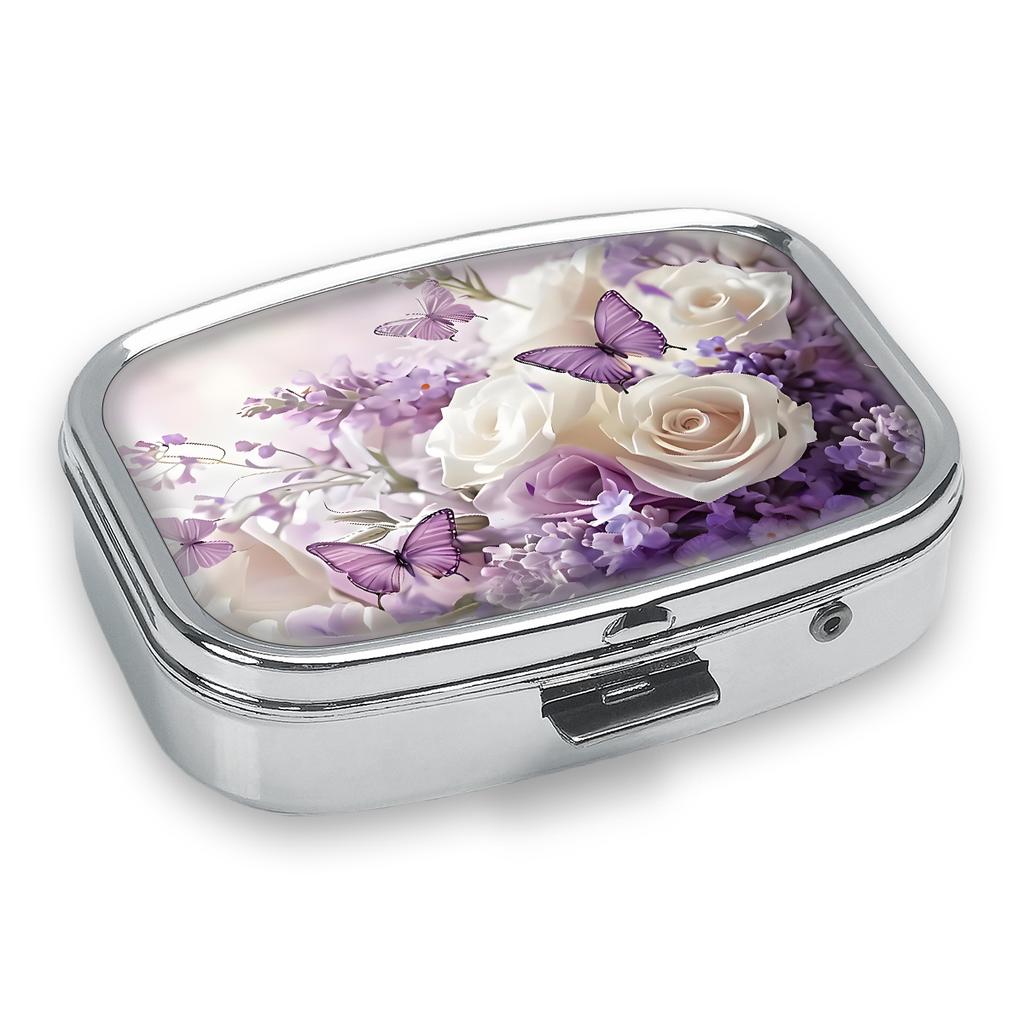 Portapillole Portatile con 2 Scomparti, Mini Custodia Organizer in Metallo per Medicine, Carino Contenitore Stampato per Pillole, Vitamine, Gioielli, Viaggio, Uso Quotidiano