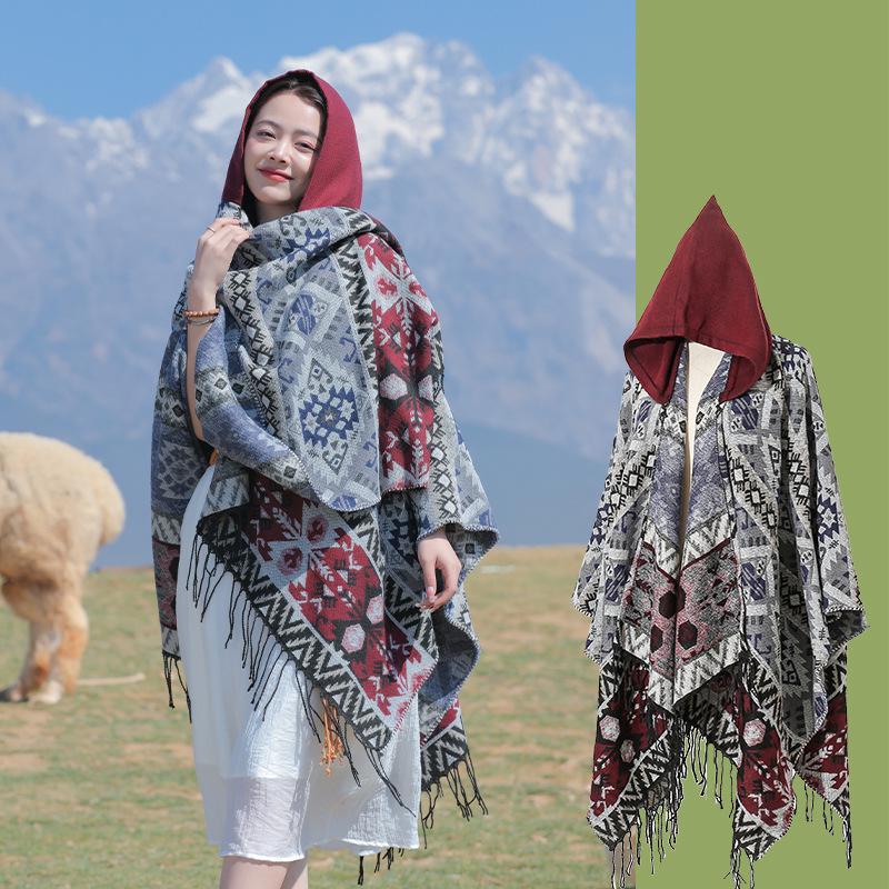Women's Ethnic Style Hooded Shawl Cloak, Geometric Design for Autumn/Winter, Ideal for Tibet, Qinghai, Yunnan Travel