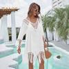 Beach Cover Up Dress V-Neck Woven Hollow Neckline Fringed Cuffs Hem Bikini Cover Up UV Protection Beach Dress
