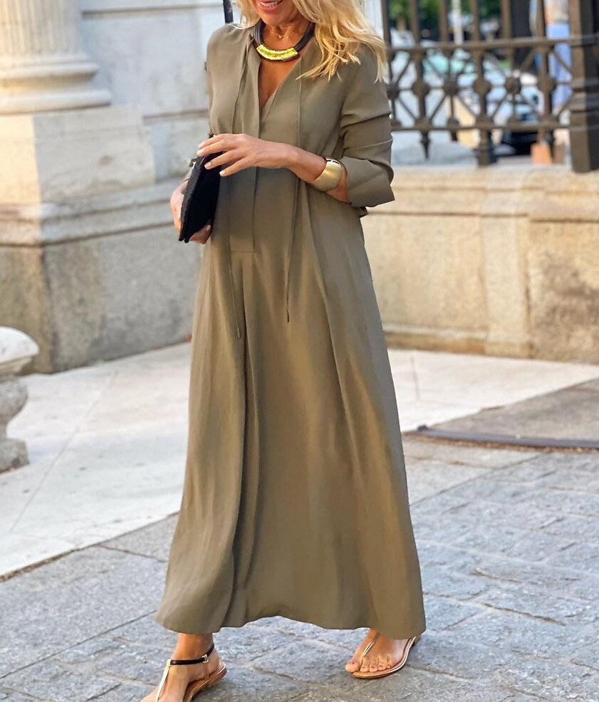 Women's Long Sleeve Maxi Dress in Solid Colors - Olive Green, Black, Wine Red, Gray, Blue, Green