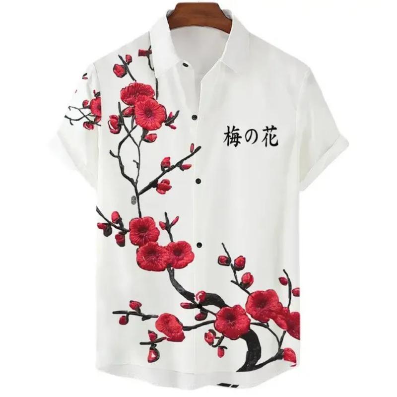 Fashionable Luxury Social Men's Shirt Lapel Button-down Shirt Casual Japanese Aesthetic Cherry Blossom Print Short-sleeved Tops