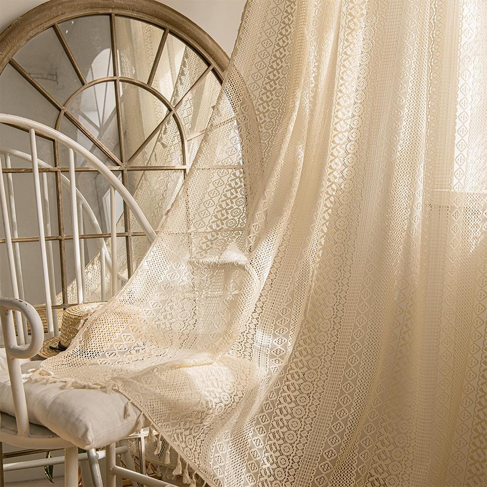 Boho Curtains Lace Semi-Sheer Hollow Knitted Handmade Tassels Rod Pocket Window Rustic Farmhouse Drapes for Living Room Bedroom