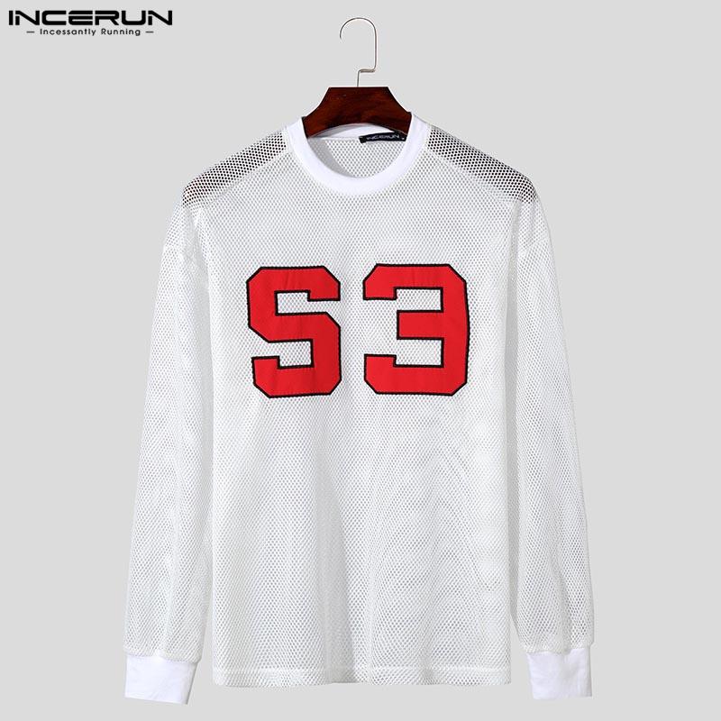 INCERUN Men Long Sleeve Print Hollow Out Fishnet Loose Sport Tops
