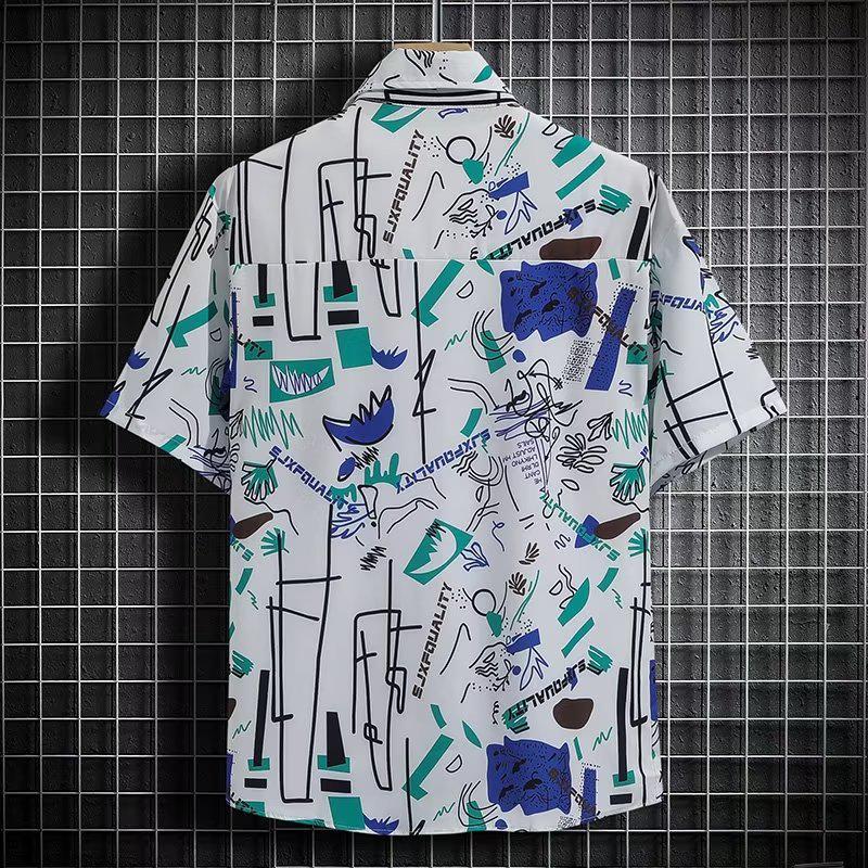 New 2023 Men's Ice Silk Breathable Short-Sleeve Korean Trendy Print Beach Shirt
