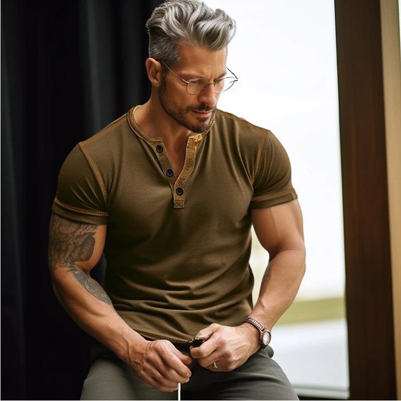 

Летняя мужская спортивная футболка с открытым воротом, цветными блоками, короткими рукавами и микроэластичным облегающим верхом для мужчин Футболки мужские XXXL темно-коричневого