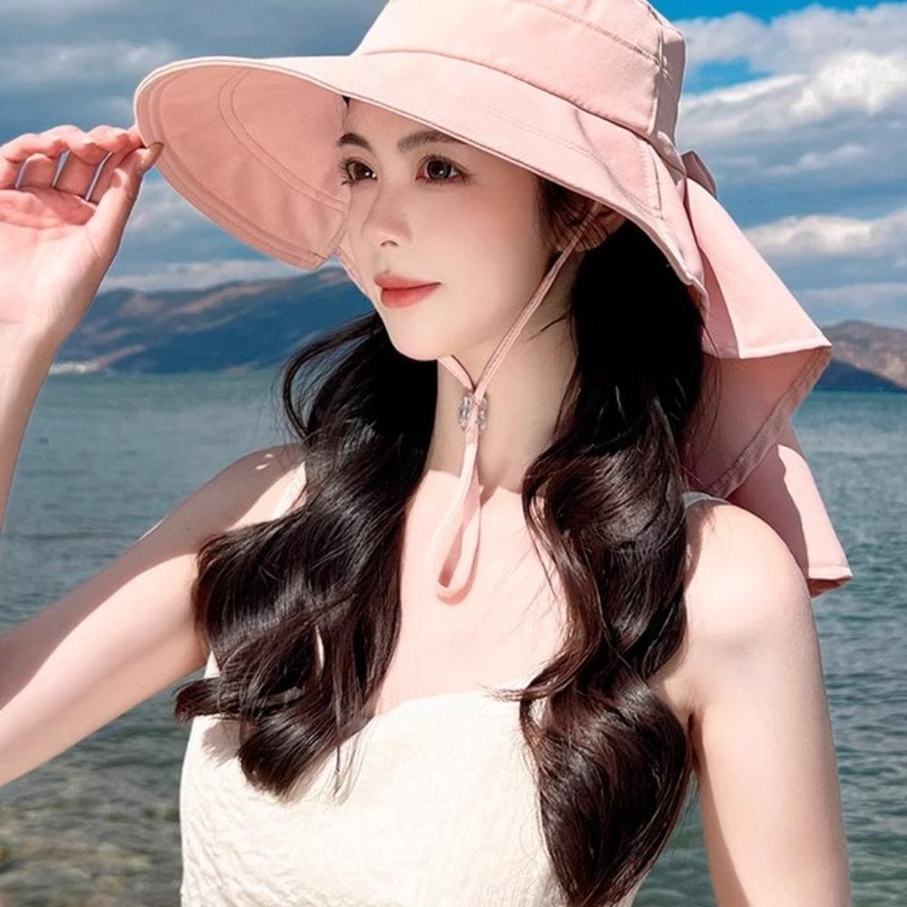 With Shawl Sunshade Bucket Hat with Ponytail Hole Aiti UV Fishman Hat New Design Bow Sun Hat  Beach