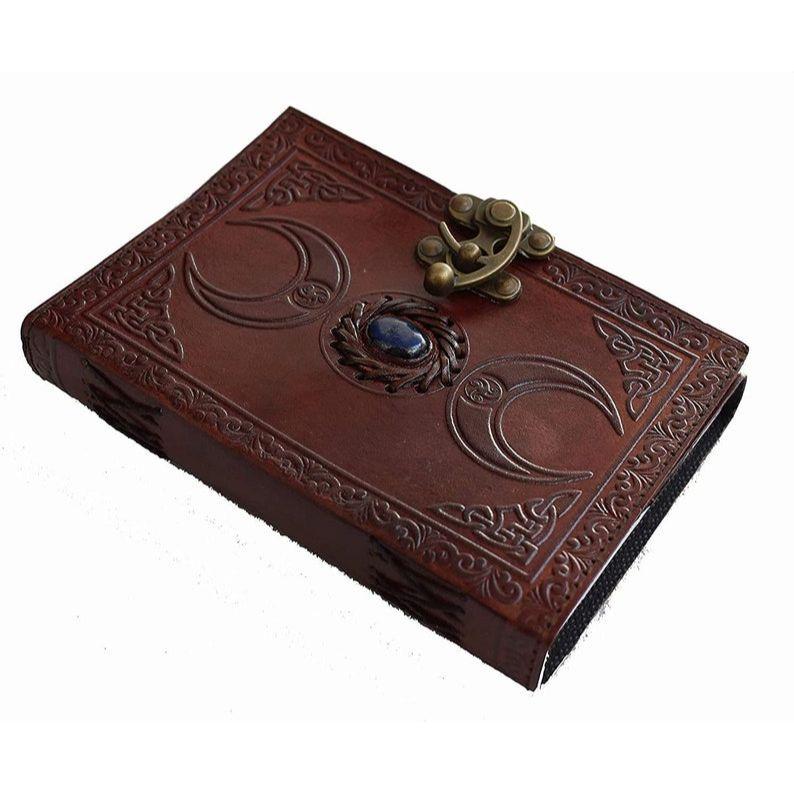 A5 Dreifache Mondgöttin Leder Braun Journal | Steinoptionen | 200 Blatt | Messing C-Verschluss | Mittelalterlich | Göttin Lederjournal