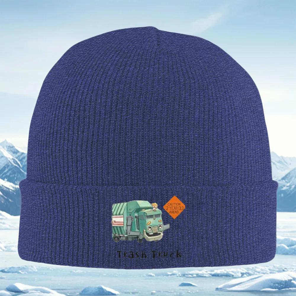 

Smiling trash truck orange sign cartoon ahead Knitted Hat Unisex Women Unisex Beanie Pullover Cap Winter Thermal Warm Christmas Out