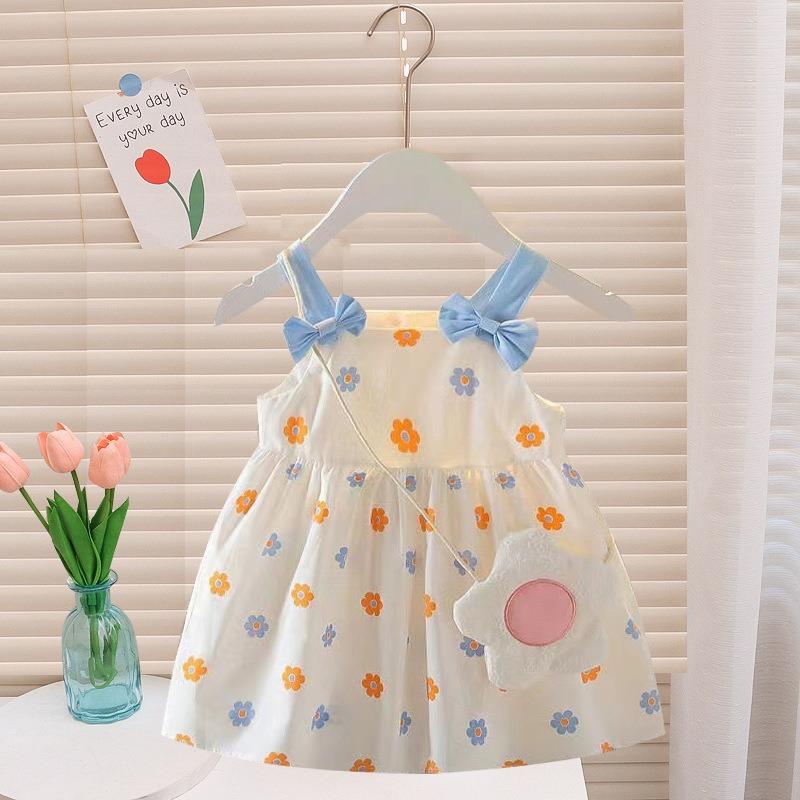 Summer Baby Girls' Dress Set Cute Bag Kids Fresh Floral Bow Strap Daily Thin Sleeveless Vest Girl Dress