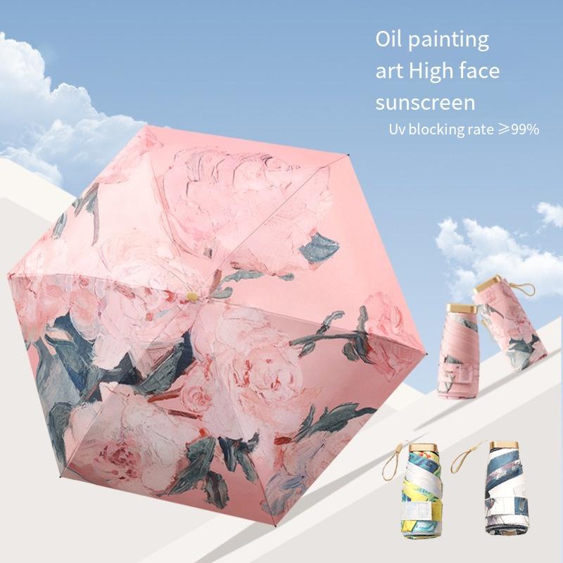 Oil Painting Sunscreen Parasol Outdoor Convinient Five Folding Umbrella With Uv Protection Portable Stylish Women'S Sun Umbrella