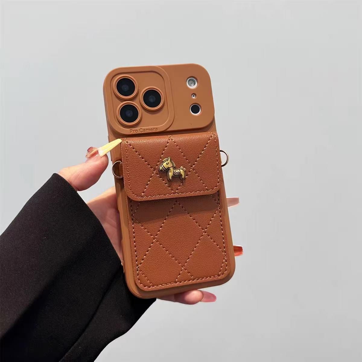 

Quilted Gold Horse Card Holder iPhone 17 Pro Max Case with 17E Lanyard, Drop-proof, Compatible with XS Max / 8 Plus 14 Pro Max