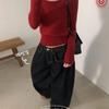 The Pink Women Side Pleated Denim Wide Pants Dark Blue