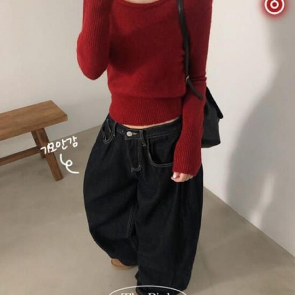 The Pink Women Side Pleated Denim Wide Pants Dark Blue