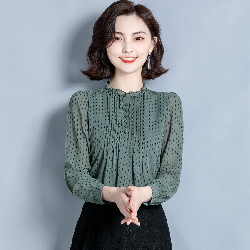 Moda coreana Primavera 2026: Camicia Larga in Chiffon a Pois con Volant - Top Elegante e alla Moda per Donna