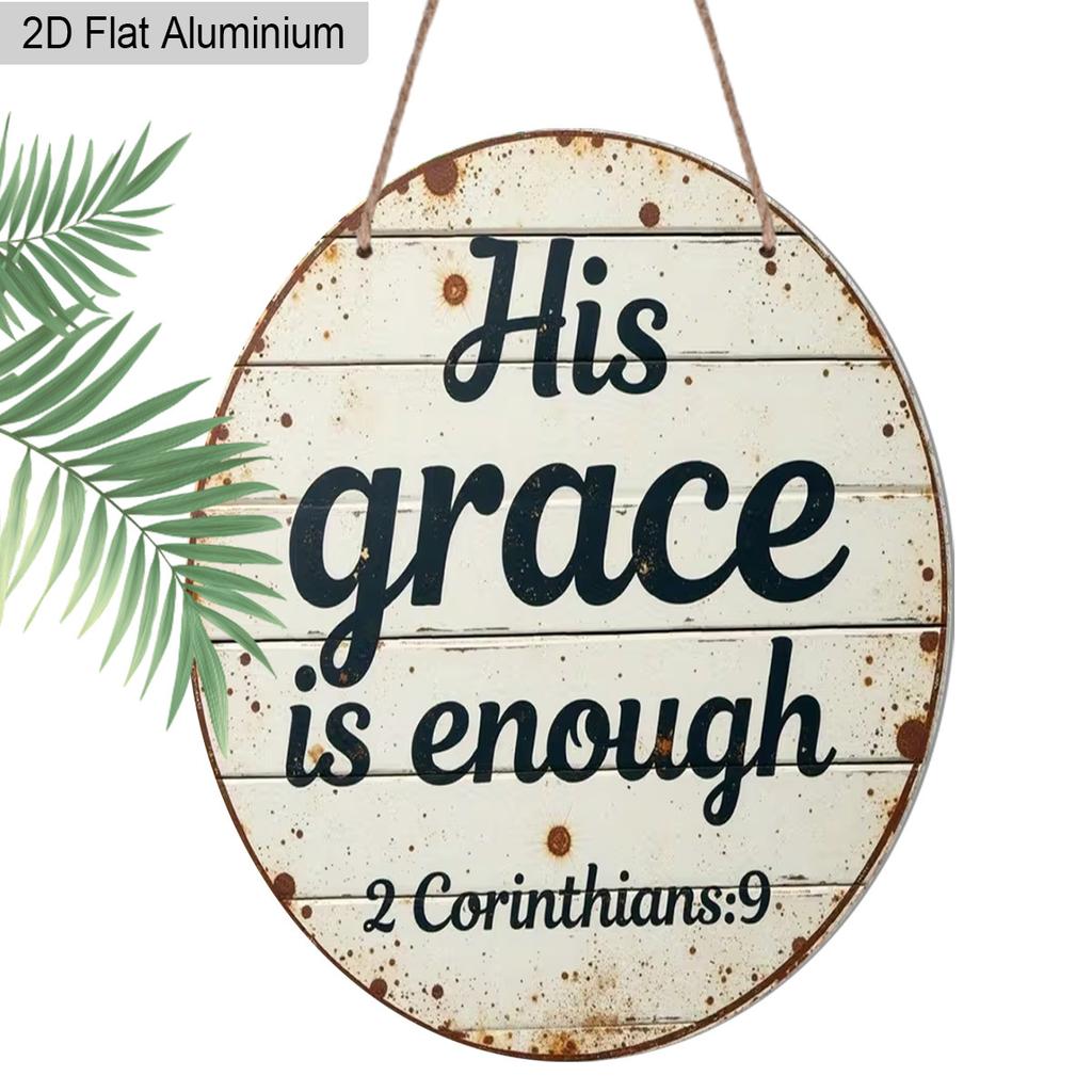 2D Flat Aluminum His Grace Is Enough Christian Wall Decor, Round Metal Sign with Rustic Wood Look, 2 Corinthians Bible Verse Scripture Plaque for