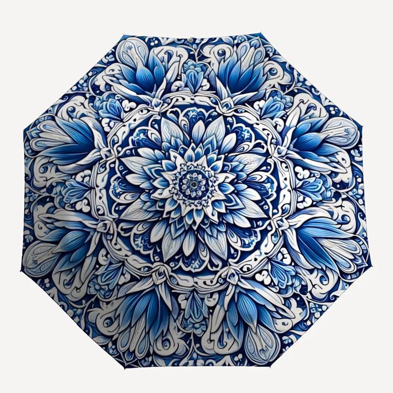 

1pc Blue_White_Mandala Umbrella - Portable Home Essential, Durable Iron Frame with Rod Structure, Fashion Lovers yy250910037