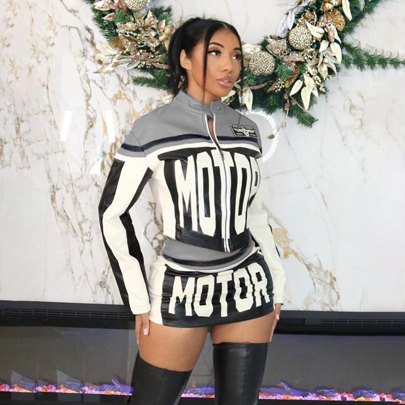 Damen Lässig Mode Langarm Buchstabenmuster Kurzer Rock Zweiteiler Stilvolles Outfit im europäischen und amerikanischen Stil Perfekt für den Alltag