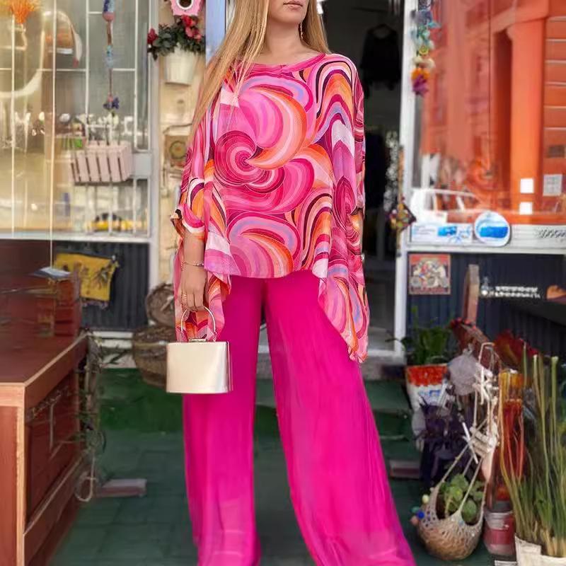 Set din Șifon cu Două Piese pentru Vara 2024: Gât rotund casual cu imprimeu pentru femei
