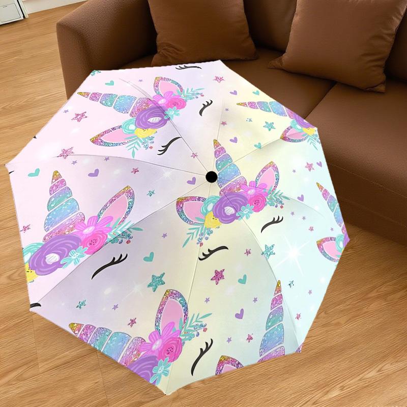 1PC Unicorn Flowers Umbrella-8-Rib Reinforced Portable Folding Travel Suitable for All Seasons Outdoor Daily Use-G322