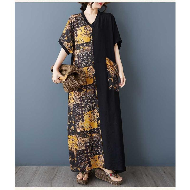 Women's Yellow Flower Spliced Black Long Dress Retro Robe