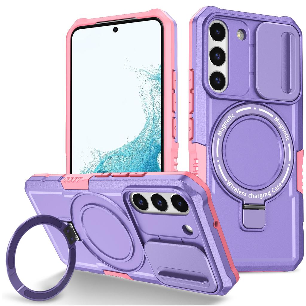 For Samsung Galaxy S22+ 5G Kickstand Case PC+TPU Magnetic Phone Shell with Lens Cover