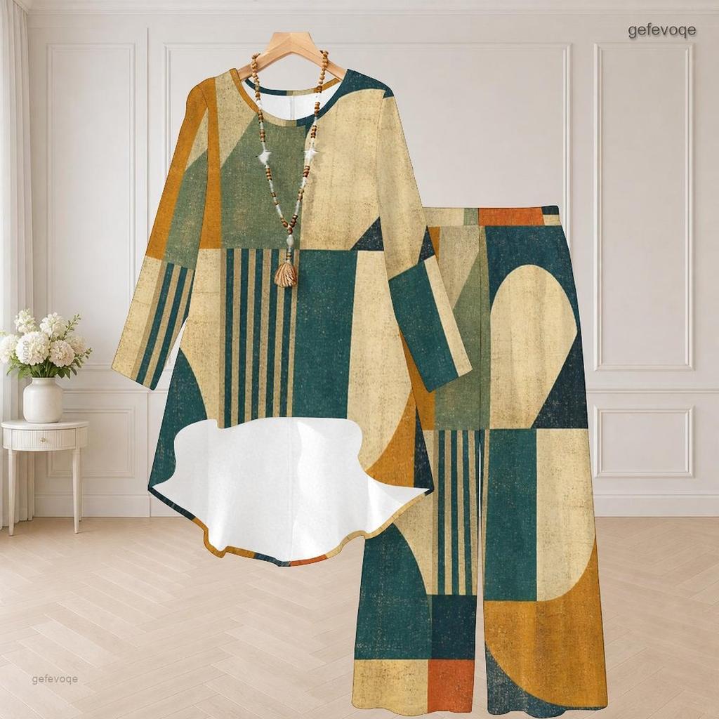 Women Plus Size Round Neck Long Sleeve Printed High Low Top Wide Leg Pants Two Piece Set
