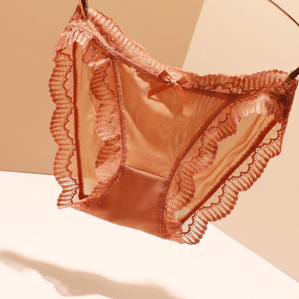 Women's Red Lace Mesh Low-Rise Quick-Dry Triangle Panties for Temptation and Auspicious Wedding