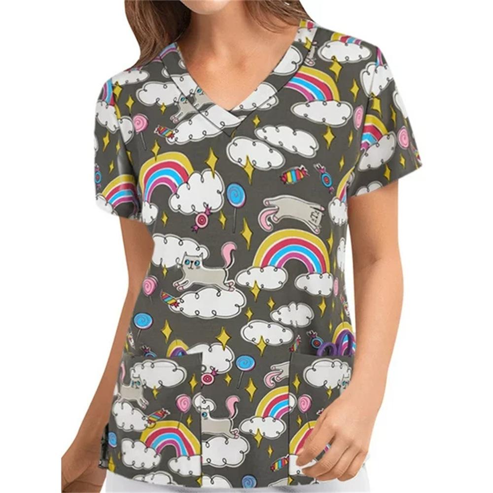 Women's T-shirt V-neck Nurse Uniform Casual and Comfortable Short Sleeved Women's Dreamy Printed T-shirt
