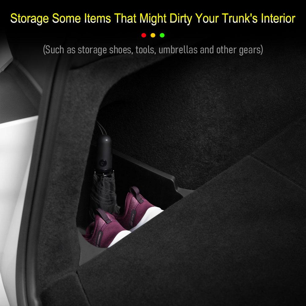 For Tesla Model Y Juniper 2025 Rear Trunk Side Storage Box Cargo Organizer TPE Bin Box Flocking Mat Partition Board Accessories