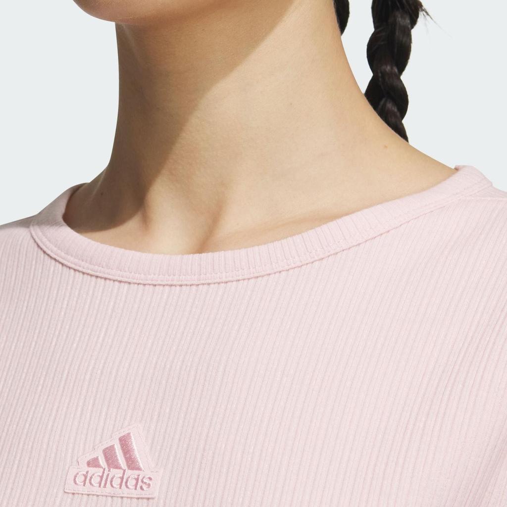 adidas Women's Ribbed Crew Neck Long Sleeve Top Pink JJ3596