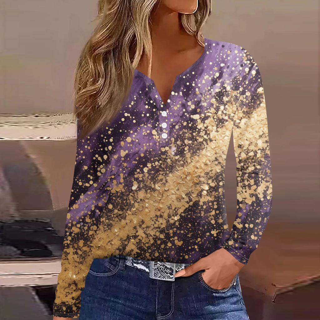 Damen T-Shirt mit Knopfleiste, langärmelig, für den Alltag, Wochenende, modisch, Basic, V-Ausschnitt, normales Oberteil