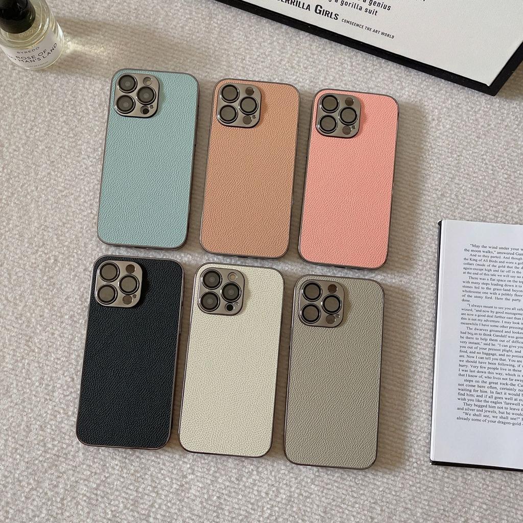 With Lens Film Lychee Texture Compatible with iPhone 16 Pro Max Apple 15 Phone Case 13/14 Niche Style