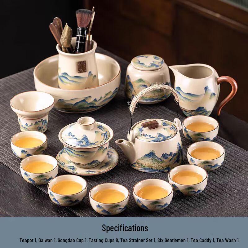 Ru Kiln Ceramic Gongfu Tea Set with Qianli Jiangshan Design