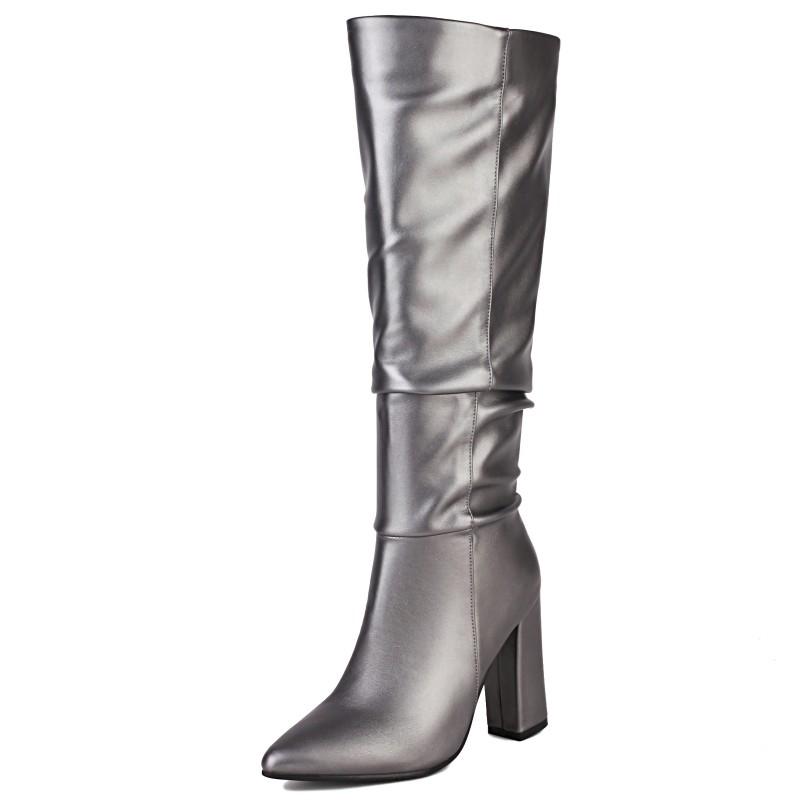 Pleated Women's Knee High Boots Block Heel Party Winter Shoes Lady Footwear Big Size Luxury Blue Yellow Green Western Long Boot