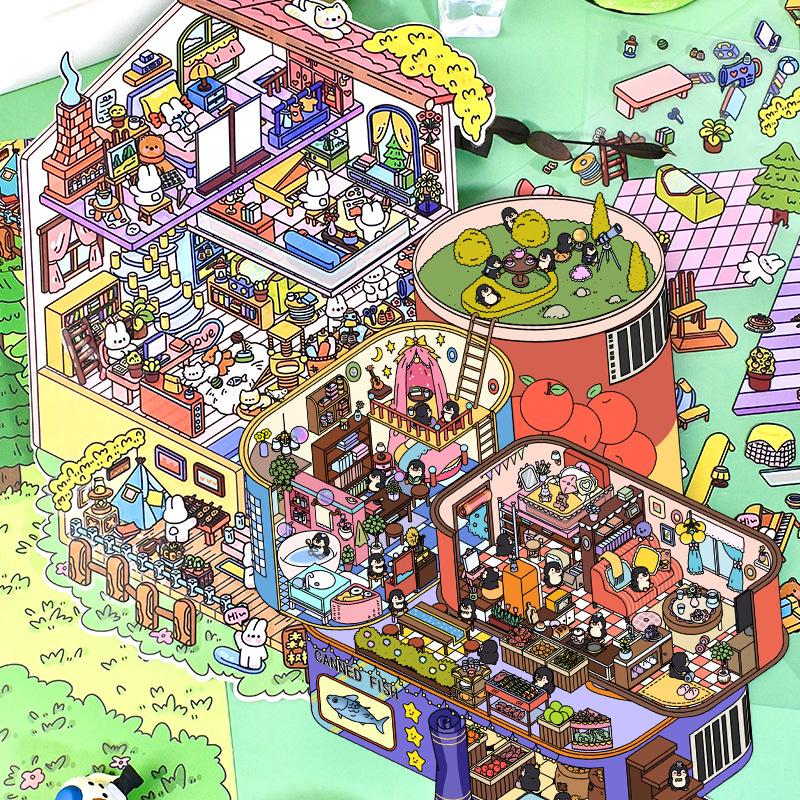 DIY 3D samolepky s motivem domu - 2 sady Roztomilý motiv - 3D roztomilá kreslená sada samolepek Vánoční dárek pro dospělé děti Uvolnění stresu