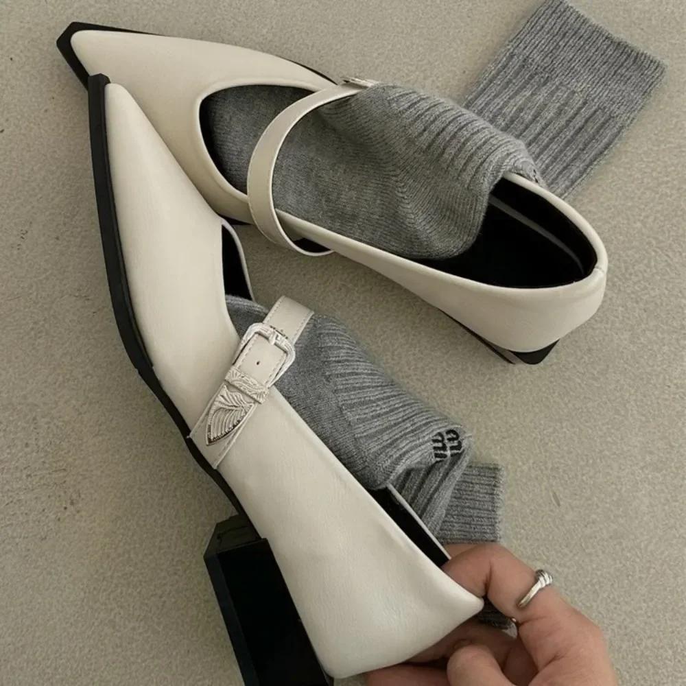 Pointed Toe Women Loafers Shoes Black White Casual Mules Belt Buckle Shallow Slip On Low Heeled Party Pumps Women's Flat Shoes
