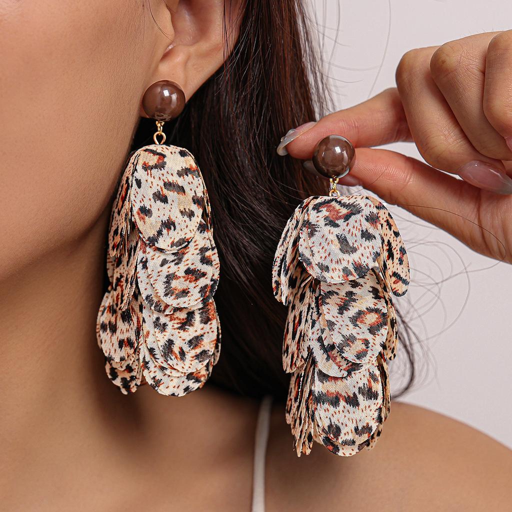 Chiffon Fabric Leopard Print Petals Tassel Earrings Temperament High-end Earrings for Women