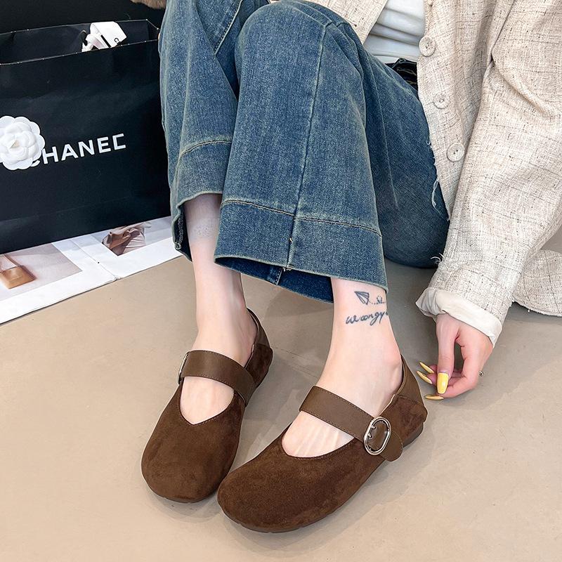 Korean Version of Suede with Leopard Print Mary Jane Shoes for Women's 2025 Autumn Retro Inner Height Increase Soft Sole Shallow Mouth Single Shoes