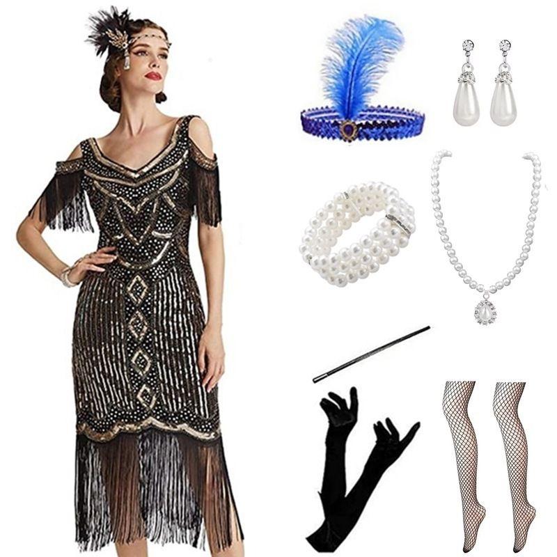 

Amazon European and American Hot 1920S Gatsby Retro Party Evening Dress Ball Performance Dress Suit Black Gold 2 L