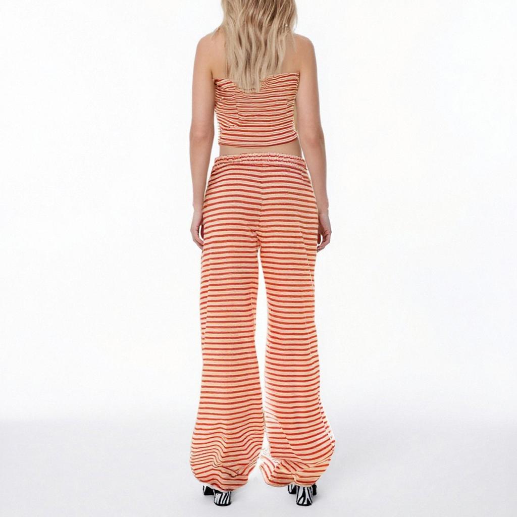 Damenmode Lässig Sommer Gestreiftes Schlauchtop Weites Gerades Hosen Set