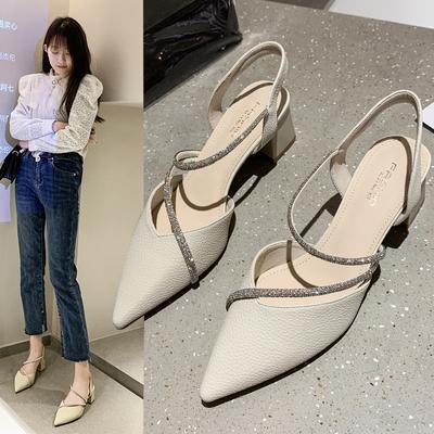 2024 New Pointed Toe Toe Sandals Women's Mid-heel Four Seasons Single Shoes Thick Heel One-word Belt Ladies Fashion Sandals