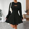 Women's Fashionable Casual Solid-color Long-sleeved Hooded Short Top + Sleeveless Dress Set