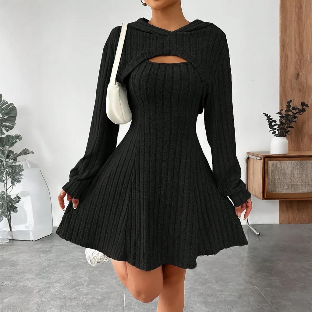 Women's Fashionable Casual Solid-color Long-sleeved Hooded Short Top + Sleeveless Dress Set